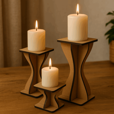 wood setting Wood candle holder displaying pillar candles.