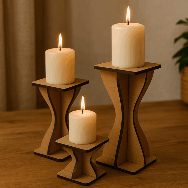 wood setting Wood candle holder displaying pillar candles.